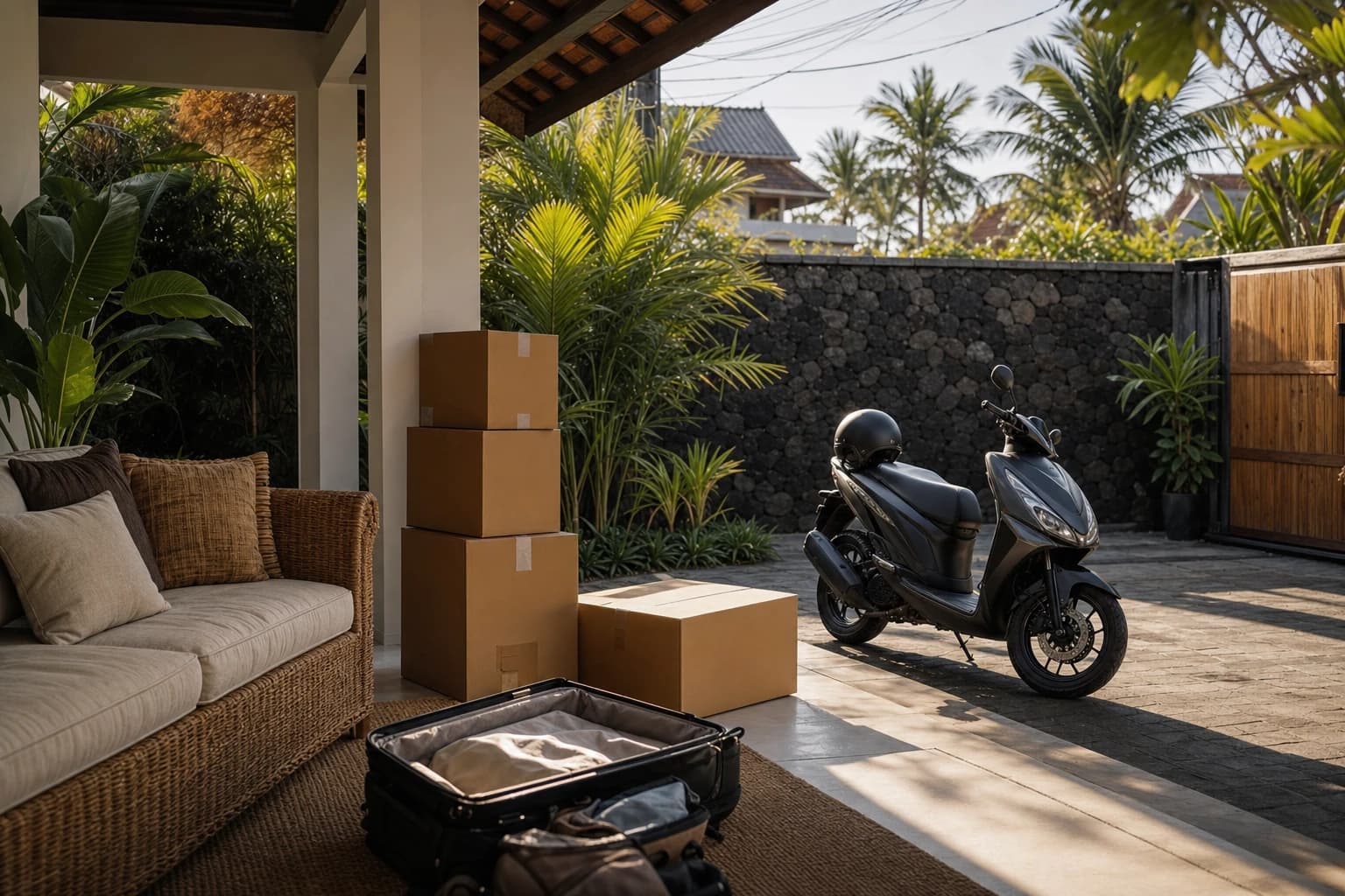 Shaded terrace of a villa in Canggu, moving boxes stacked next to a rattan sofa, an automatic scooter parked in the driveway with a helmet resting on the seat, an open suitcase, tropical plants and a volcanic stone wall, soft late-afternoon light