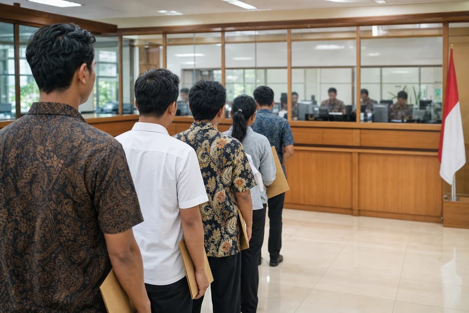 The counter of an Indonesian tax office in Denpasar, people seen from behind queuing with cardboard folders under their arms, pale wooden counter, staff in batik shirts blurred behind the glass, an Indonesian flag on a stand in one corner, light tiling and neon lighting