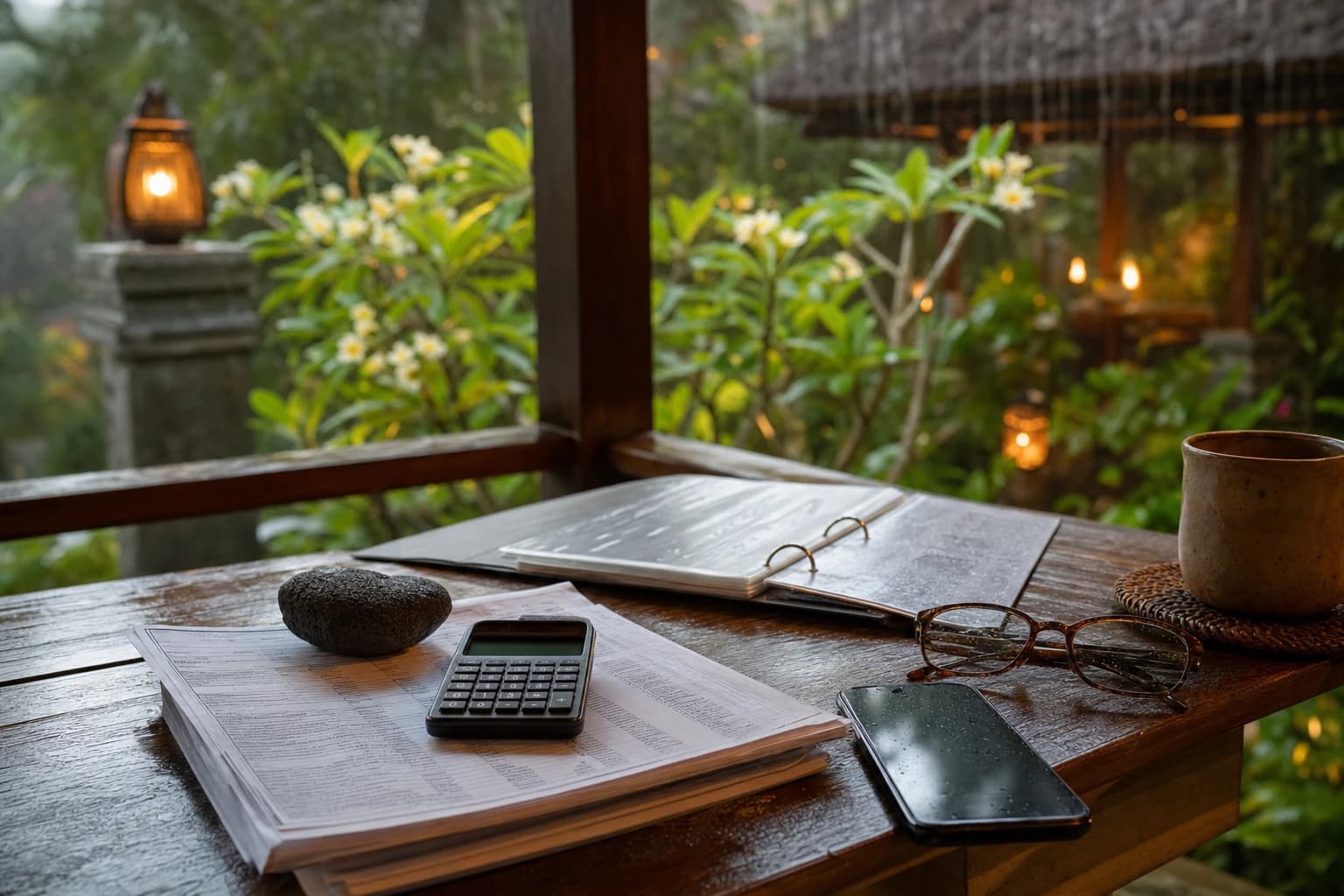 Teak table on a Balinese terrace during a monsoon downpour at the end of the day, a calculator sitting on printed bank statements held down by a volcanic stone, an open ring binder, a smartphone and glasses beside it, frangipani and lanterns blurred in the rain behind