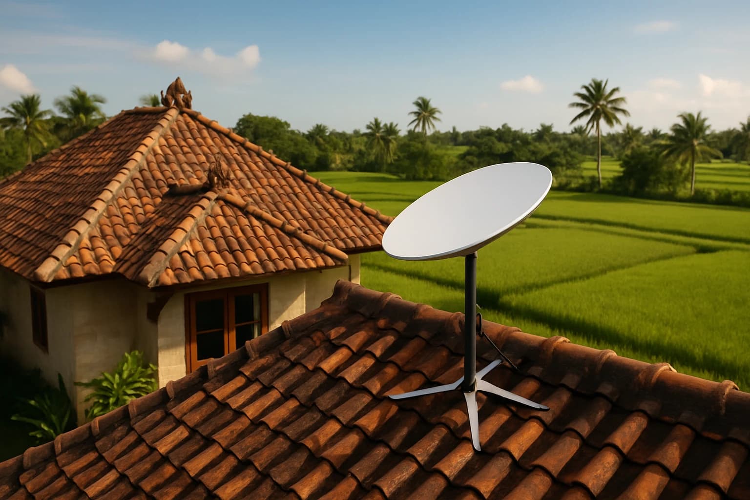 Starlink dish mounted on the roof of an isolated Balinese villa, surrounded by green rice paddies under a clear sky