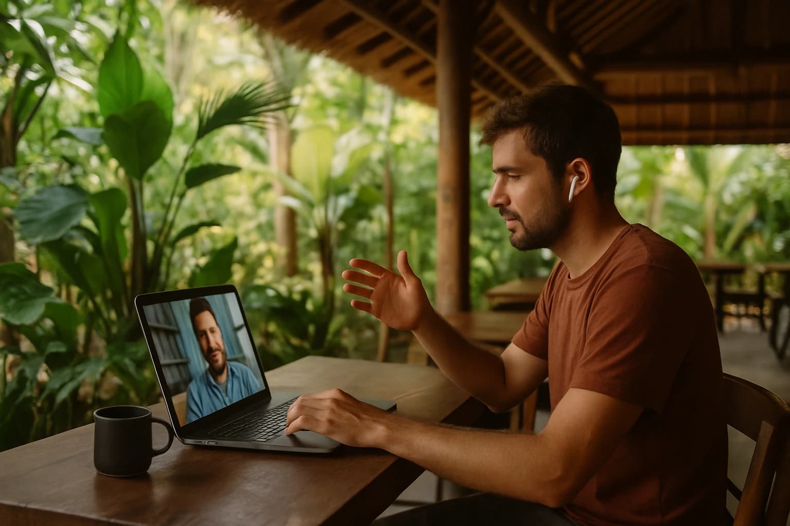 Remote worker on a video call on the shaded terrace of a Balinese coworking café, tropical plants and soft light in the background