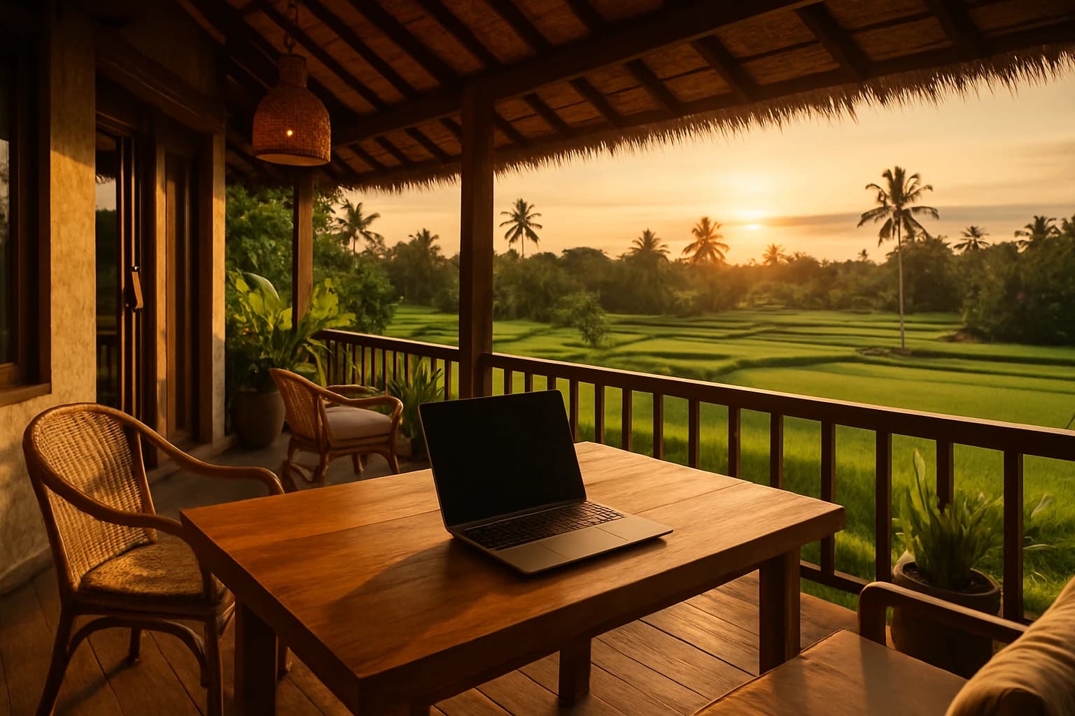 Villa terrace in Bali overlooking rice paddies at golden hour, a laptop sitting on the wooden table