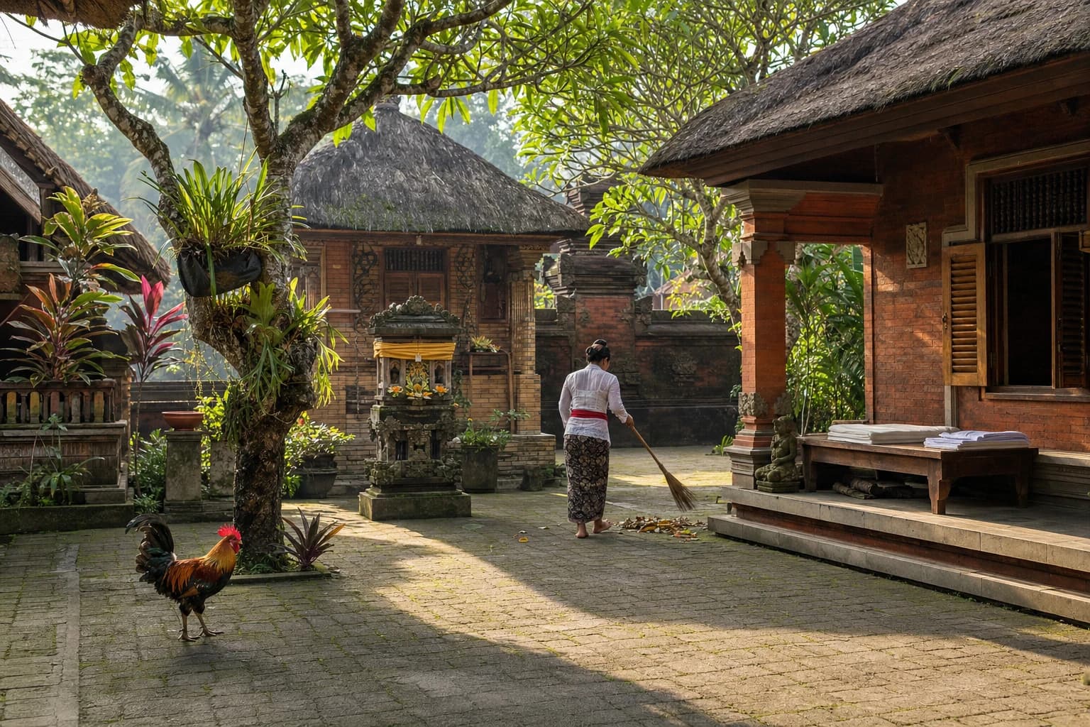 Inner courtyard of a traditional Balinese family compound in Ubud, red-brick pavilions with alang-alang thatched roofs, a small family shrine with canang sari offerings, a guest room with wooden shutters open onto the courtyard, folded white bed linen on a bench, a resident seen from behind sweeping leaves, a rooster in the foreground, soft morning light