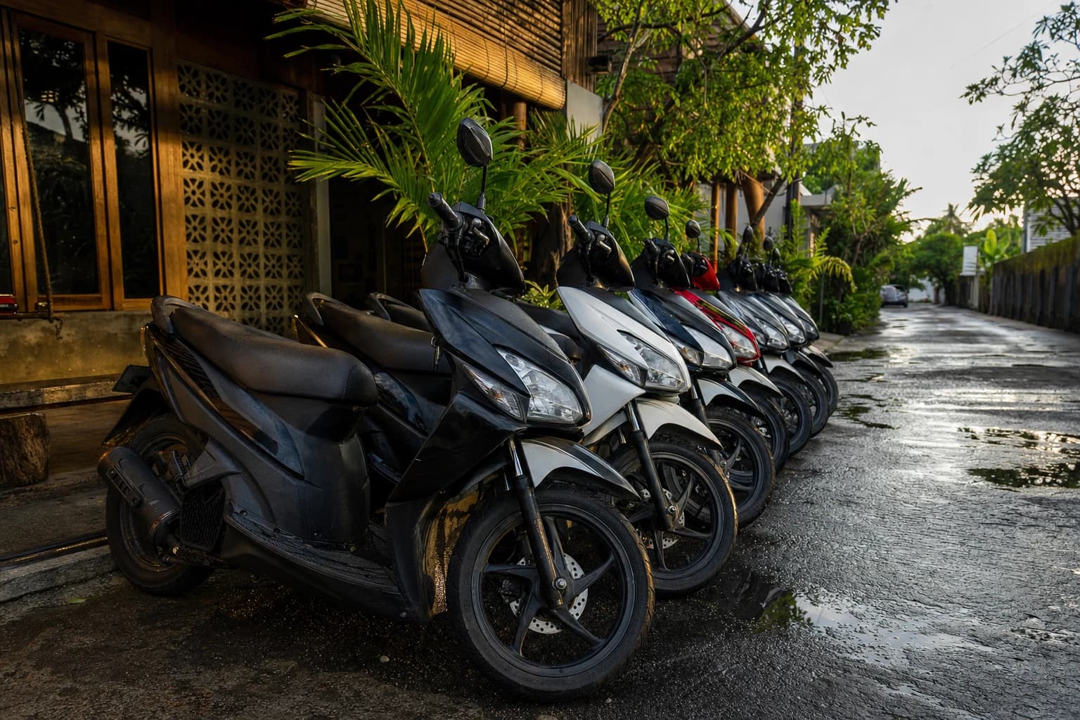 Row of Honda scooters parked at an angle outside a rental shop in Canggu, Bali, wet asphalt, late afternoon light