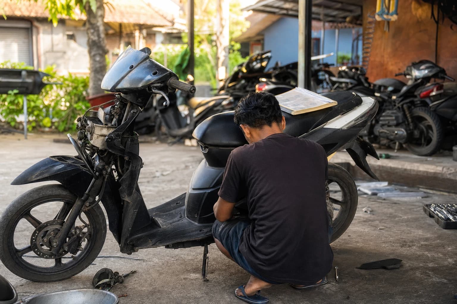 Man crouching with his back turned beside a used scooter in a Denpasar garage, body panel removed, document wallet on the seat, morning light