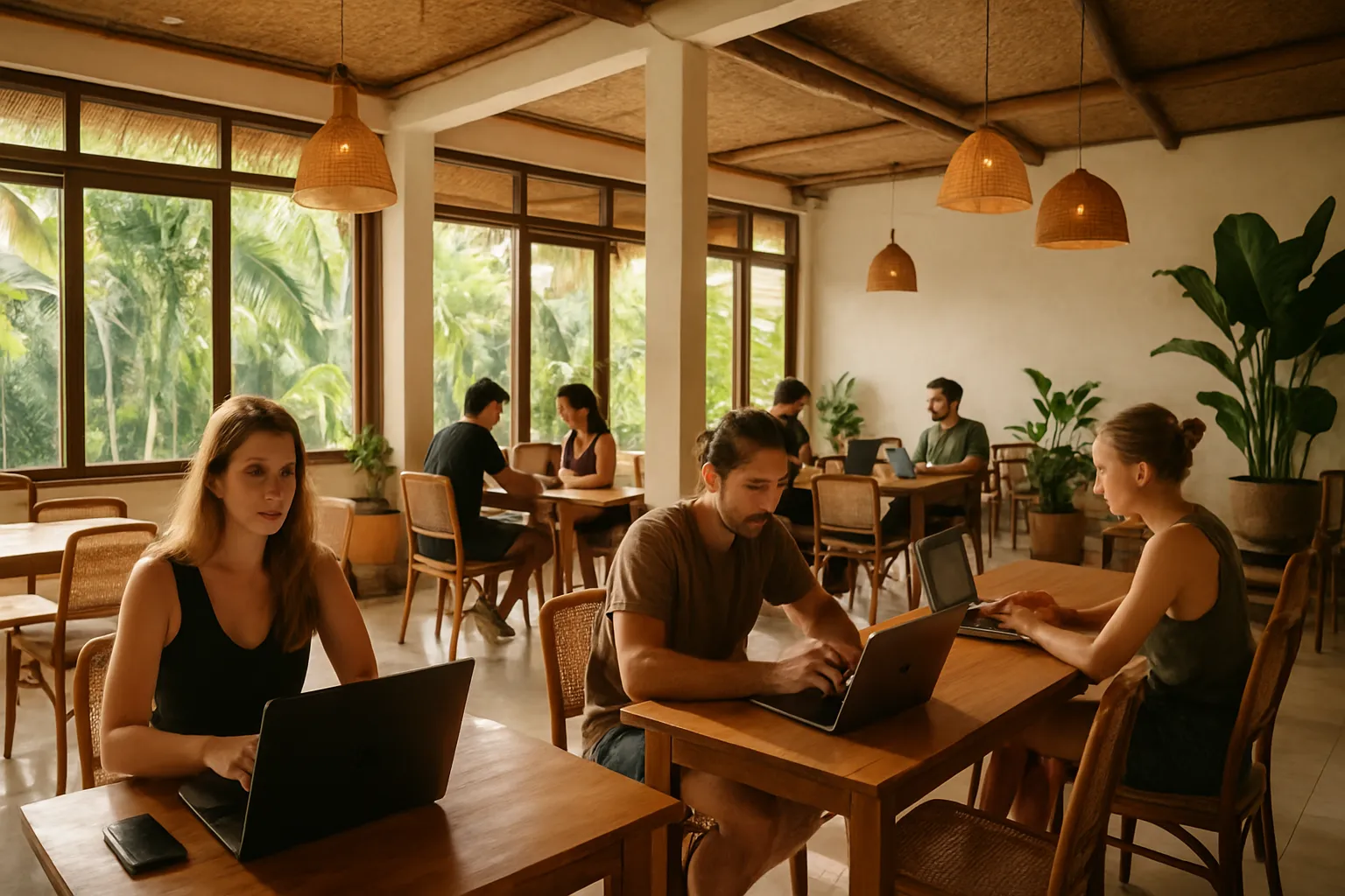 Bright coworking space in Canggu Bali with digital nomads at work