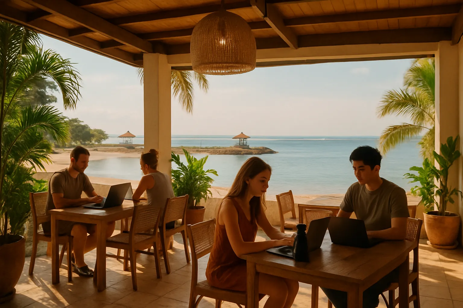 Beachfront coworking in Sanur Bali, calm and light-filled atmosphere
