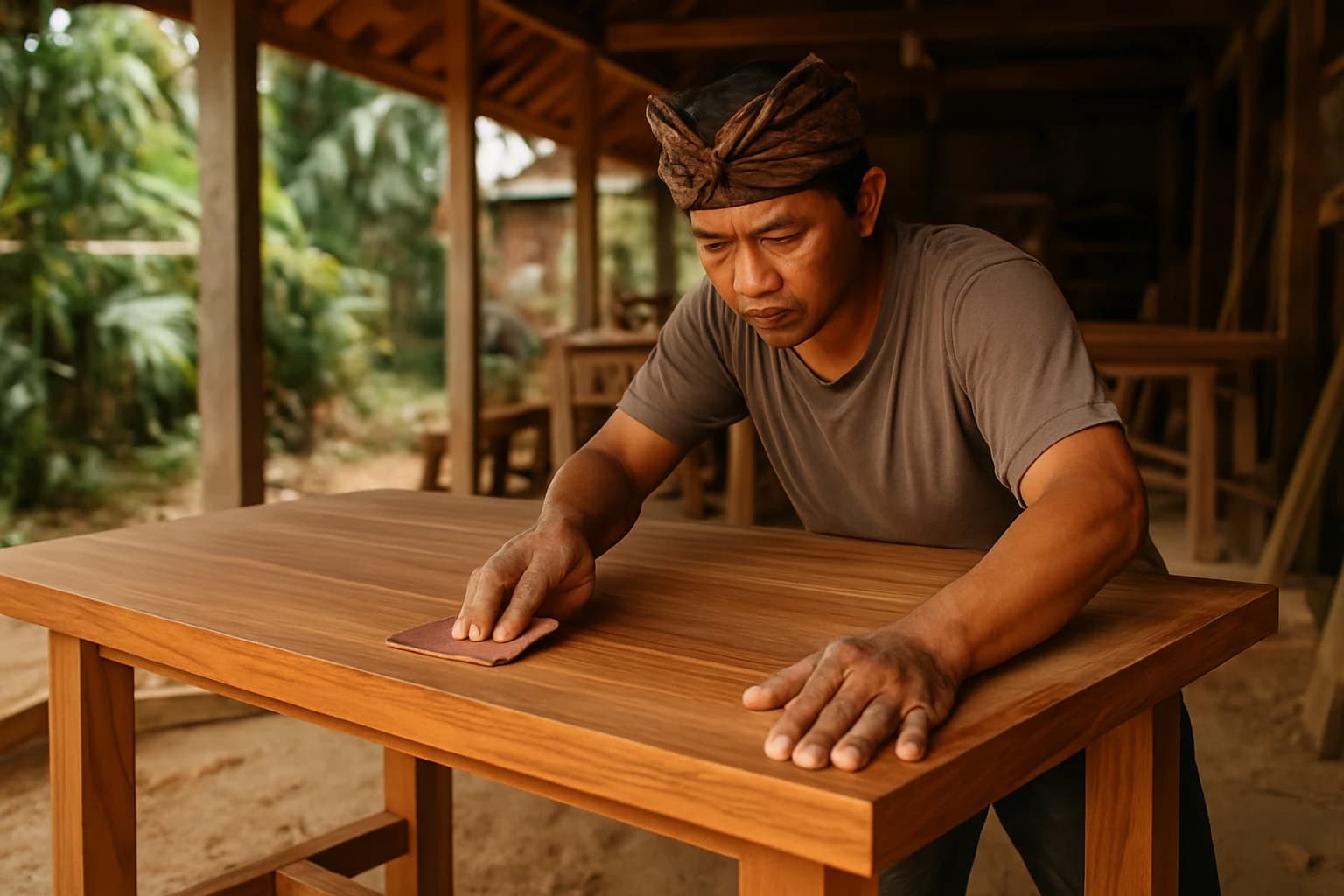 Atelier de menuiserie balinais, un artisan ponçant une table en teck massif