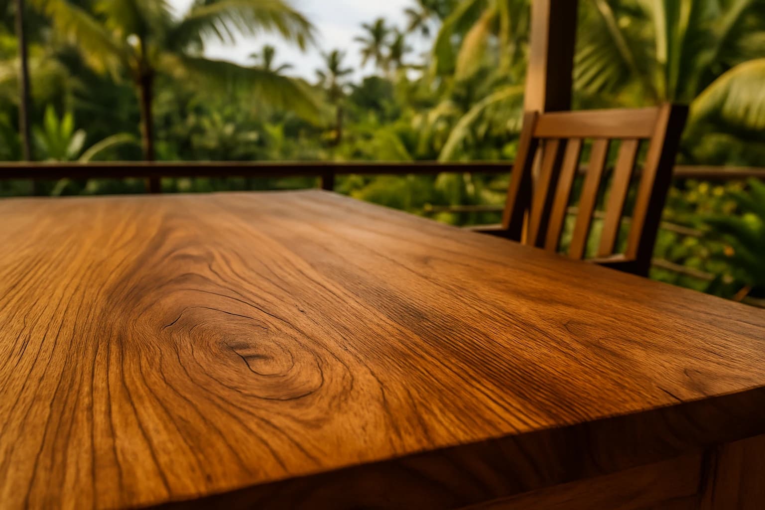 Gros plan sur le grain d'une table en teck massif sur une terrasse tropicale