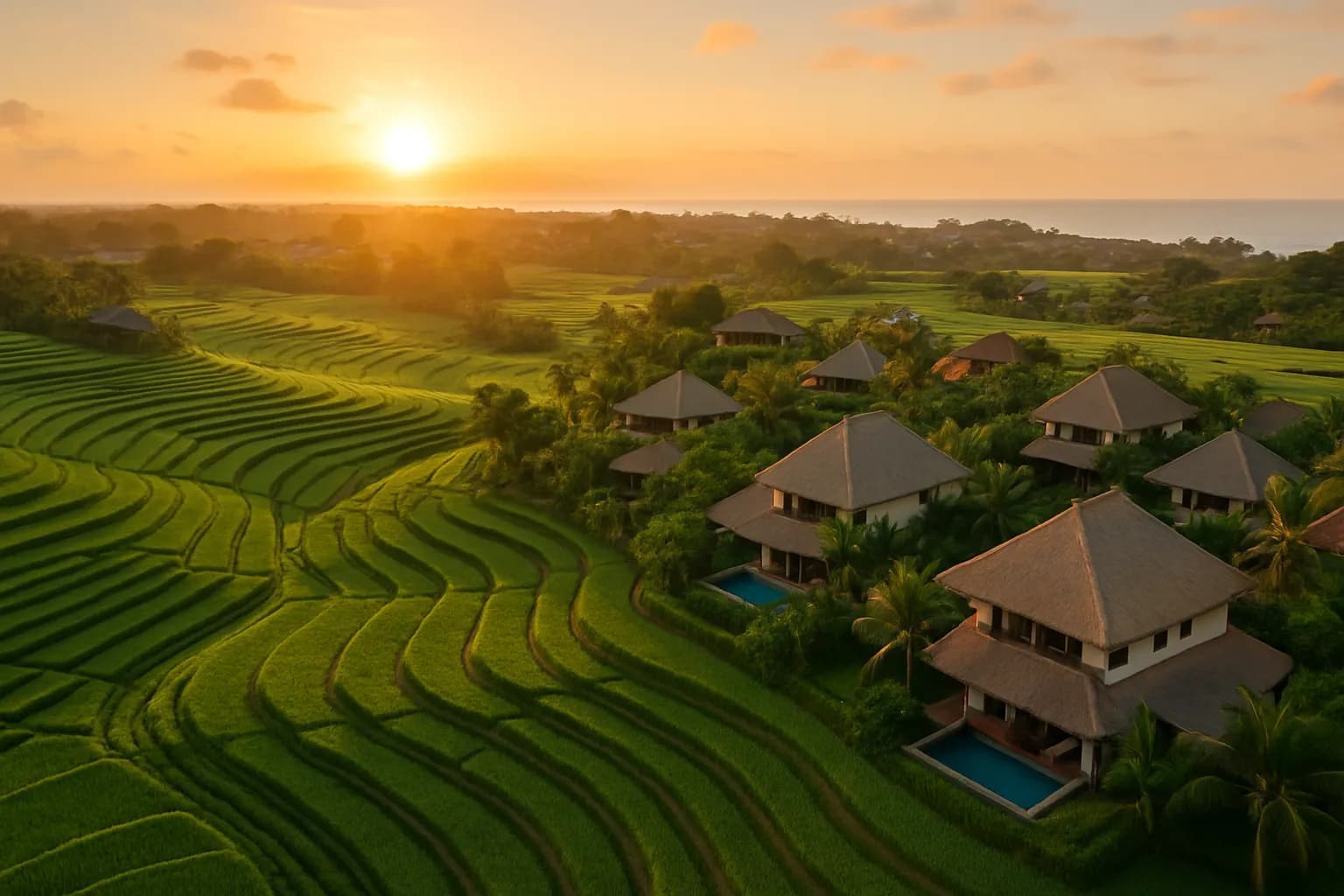 Aerial view at sunrise over the terraced rice fields of Canggu in Bali, with modern thatched-roof villas tucked between the green fields and the coastline in the distance