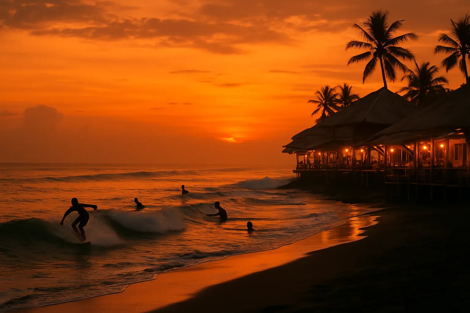Orange sunset over Echo Beach in Canggu, surfers silhouetted in the waves and lit bamboo warungs along the black volcanic sand beach