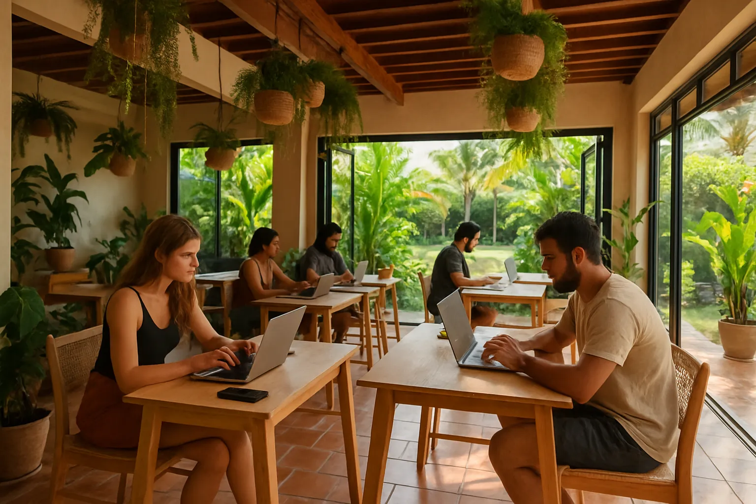 Interior of a bright coworking space in Canggu with digital nomads on laptops, hanging tropical plants, light wood furniture and large glass doors opening onto a garden
