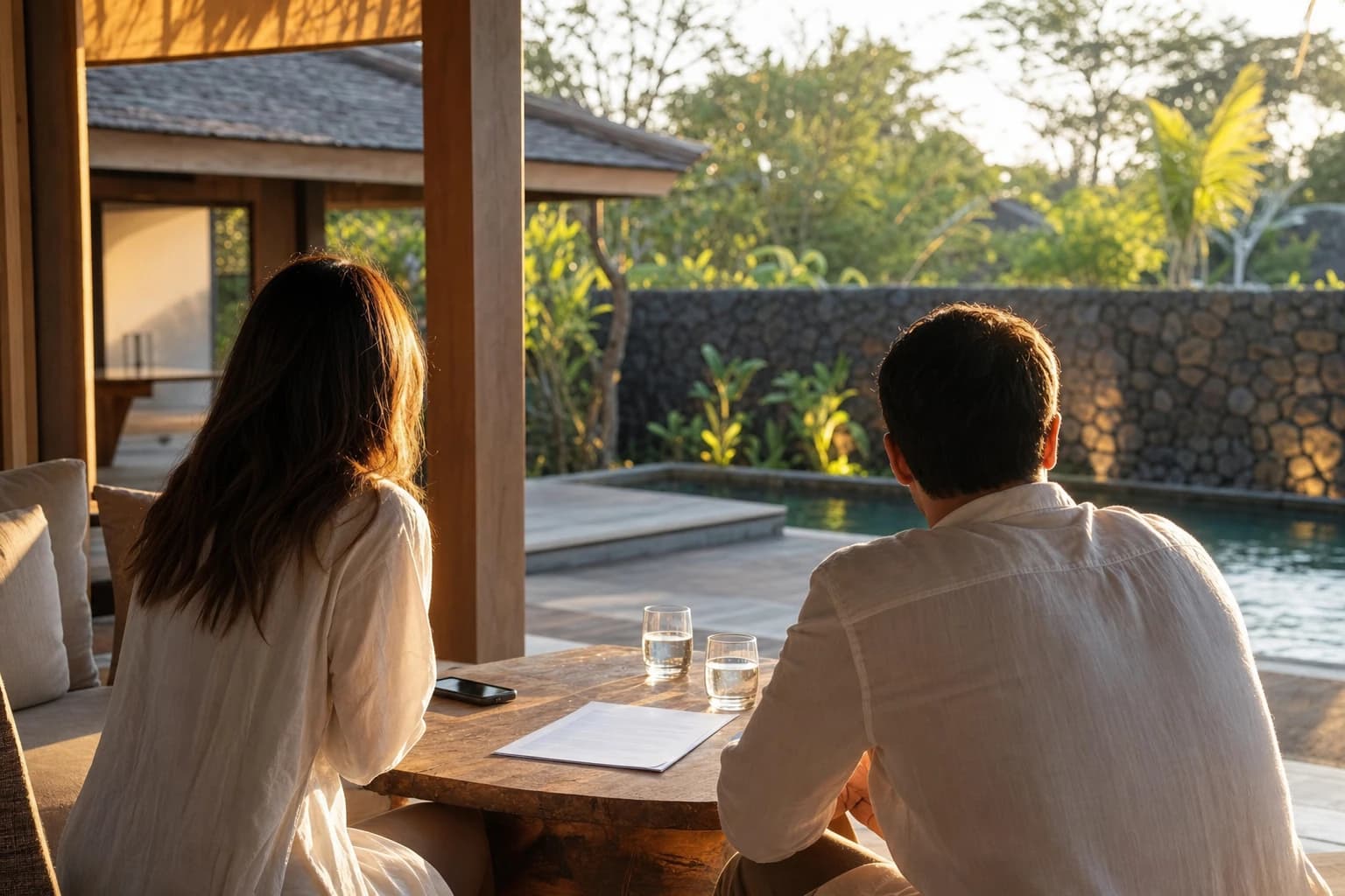 The terrace of a Balinese villa in late afternoon, a teak coffee table with a printed contract, two glasses of water and a phone on it, pool and volcanic stone wall behind, warm raking light, two unidentifiable people seen from behind