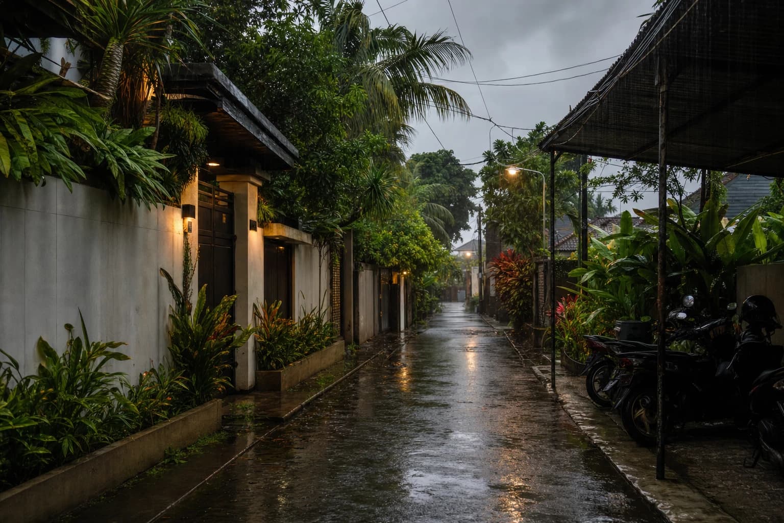 A residential lane in Canggu during a rainy-season downpour, villa gates shut, scooters parked under a metal awning, soaked tropical greenery, puddles on the asphalt, low grey sky at the end of the day