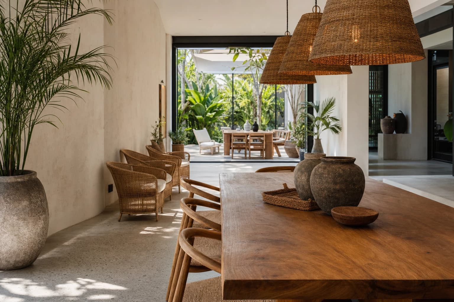 Interior of a furniture showroom in Kerobokan, Bali: a large solid teak dining table in the foreground, woven rattan armchairs lined up along a whitewashed wall, natural-fibre pendant lights, pale grey terrazzo floor, wide glass doors opening onto a tropical garden, potted plants, late-morning daylight running right through the room
