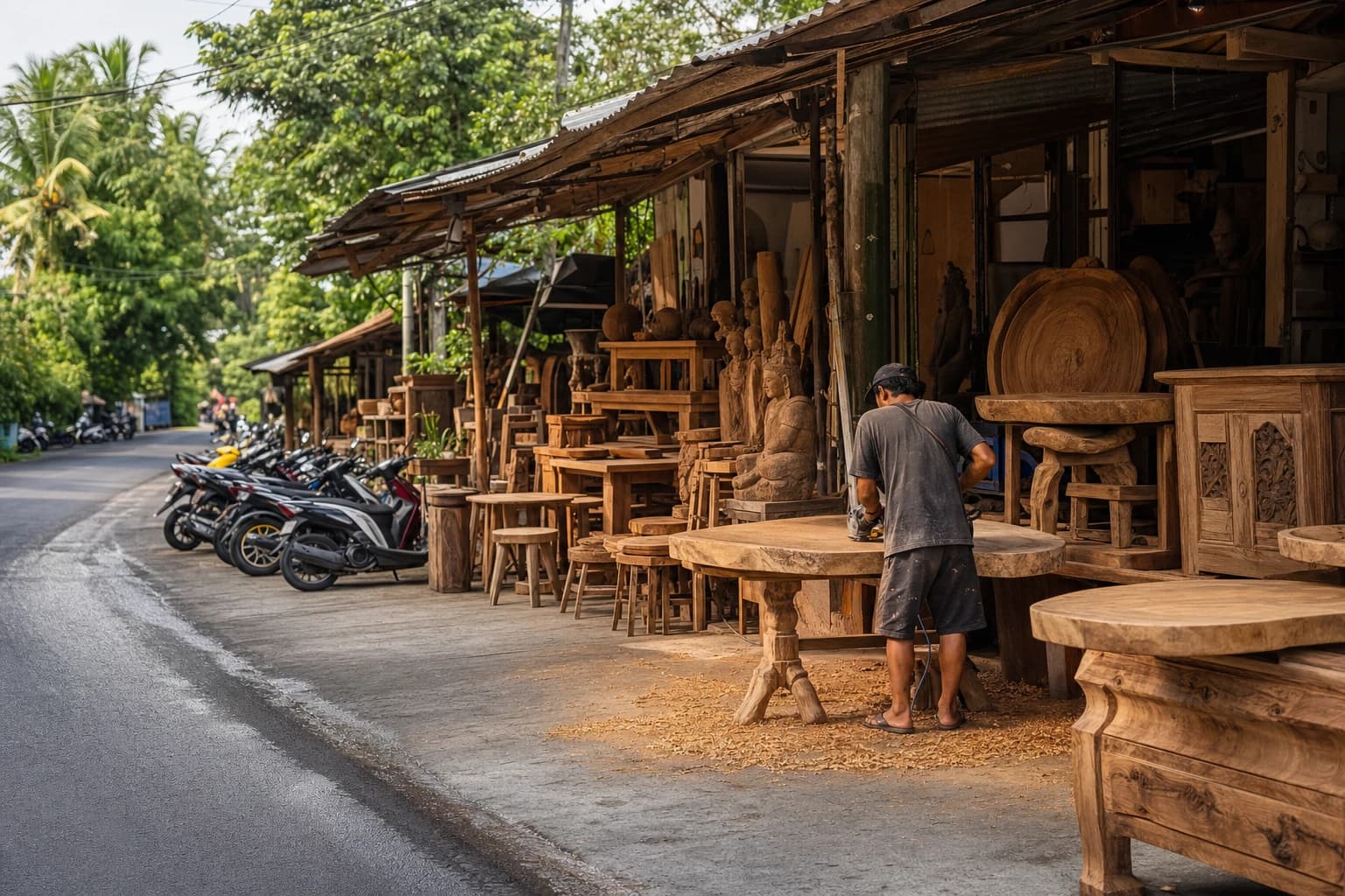 A row of wooden furniture stalls along a road in Ubud, Bali: rustic sideboards and big suar wood slabs set out under corrugated metal awnings, stacks of hand-carved stools, wood shavings across the ground, scooters parked at an angle, dense tropical greenery behind, a craftsman seen from behind sanding a tabletop, warm late-morning light