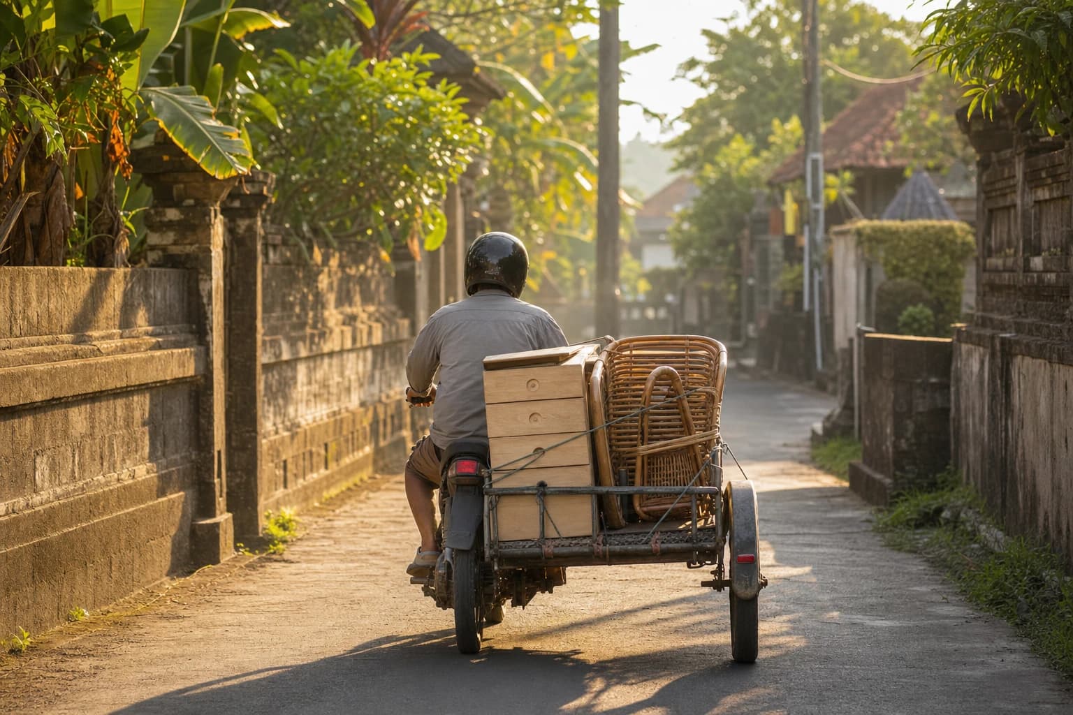 A scooter fitted with a homemade sidecar carrying a small pale-wood chest of drawers and two rattan chairs strapped down, riding along a narrow lane lined with volcanic stone walls and banana trees in a residential part of Bali, late afternoon, golden dust in the low light, helmeted rider seen from behind
