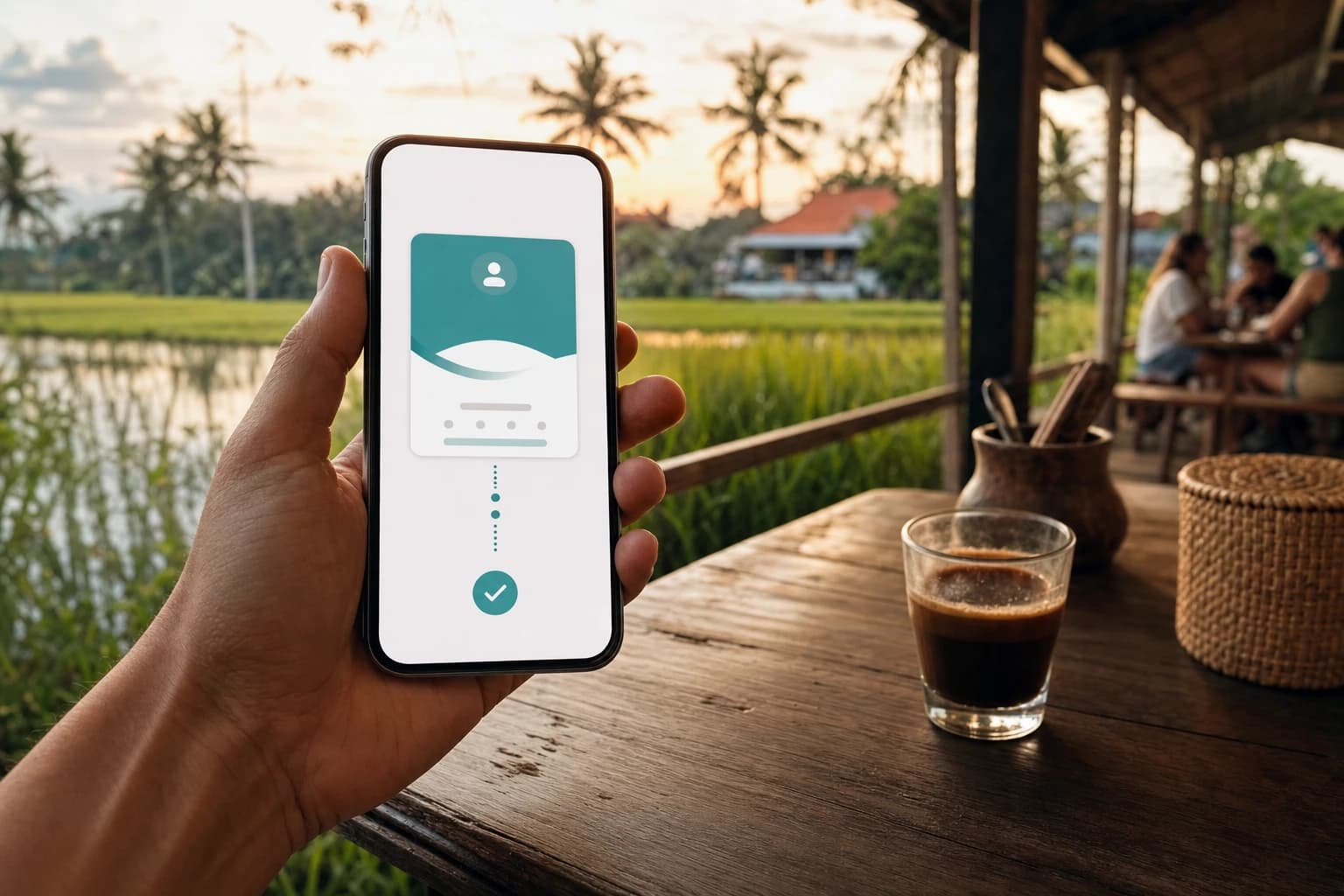 Smartphone screen held in one hand showing an Indonesian banking app mid-transfer, blurred behind it a warung terrace in Canggu with a wooden table, a glass of kopi and a rice field, end of day