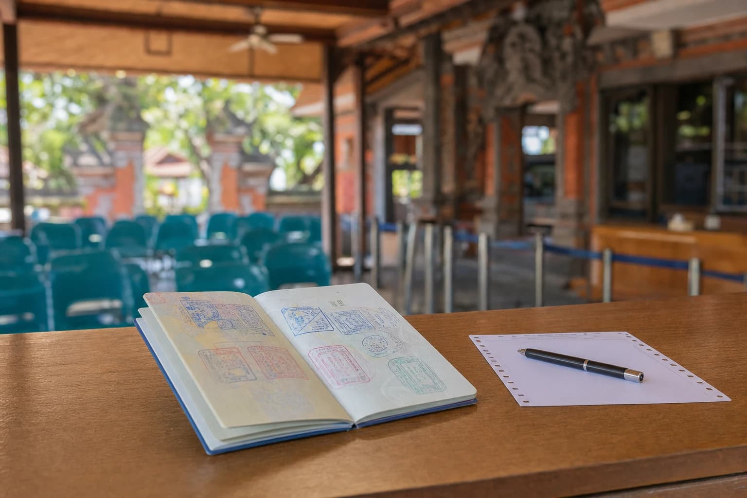 Foreign passport lying open on the light wooden counter of an immigration office in Denpasar, pages covered in entry and exit stamps, a card-stock form and a pen beside it, plastic chairs and a ceiling fan out of focus, neon light, no people visible