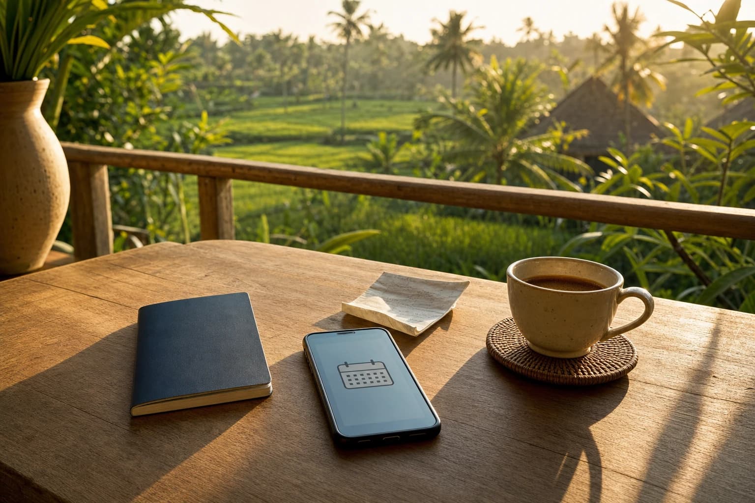 Teak table on the terrace of a Canggu villa in the early morning: a closed passport, a phone whose screen shows a calendar icon with no readable text, a folded receipt and a cup of Balinese coffee, rice paddy and coconut palms in the background, golden light, no people visible