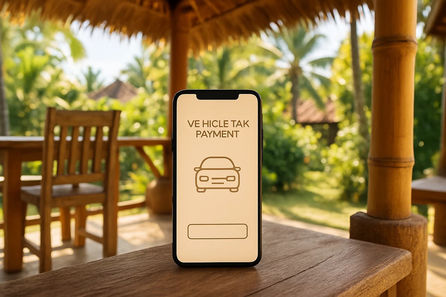 A smartphone screen showing a vehicle-tax payment app, on a bright Balinese terrace