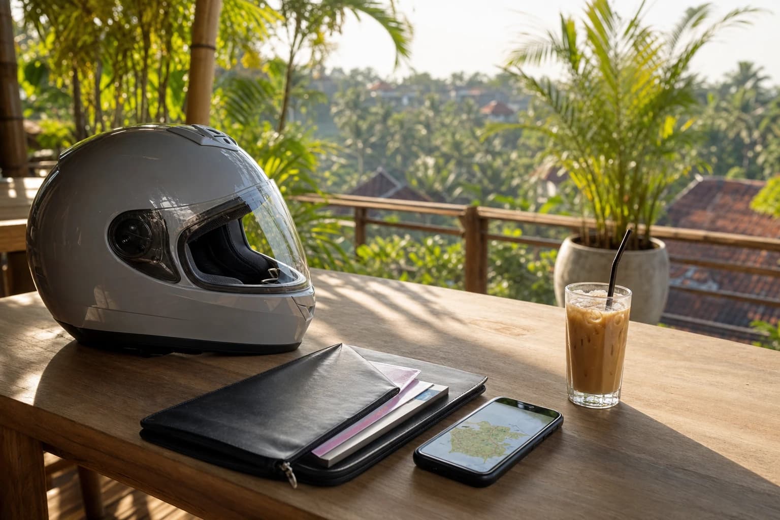 Light wooden table on an open terrace in Bali at first light, a grey full-face motorcycle helmet beside a document wallet and a smartphone showing a road map, an iced coffee and tropical plants in the background, soft light