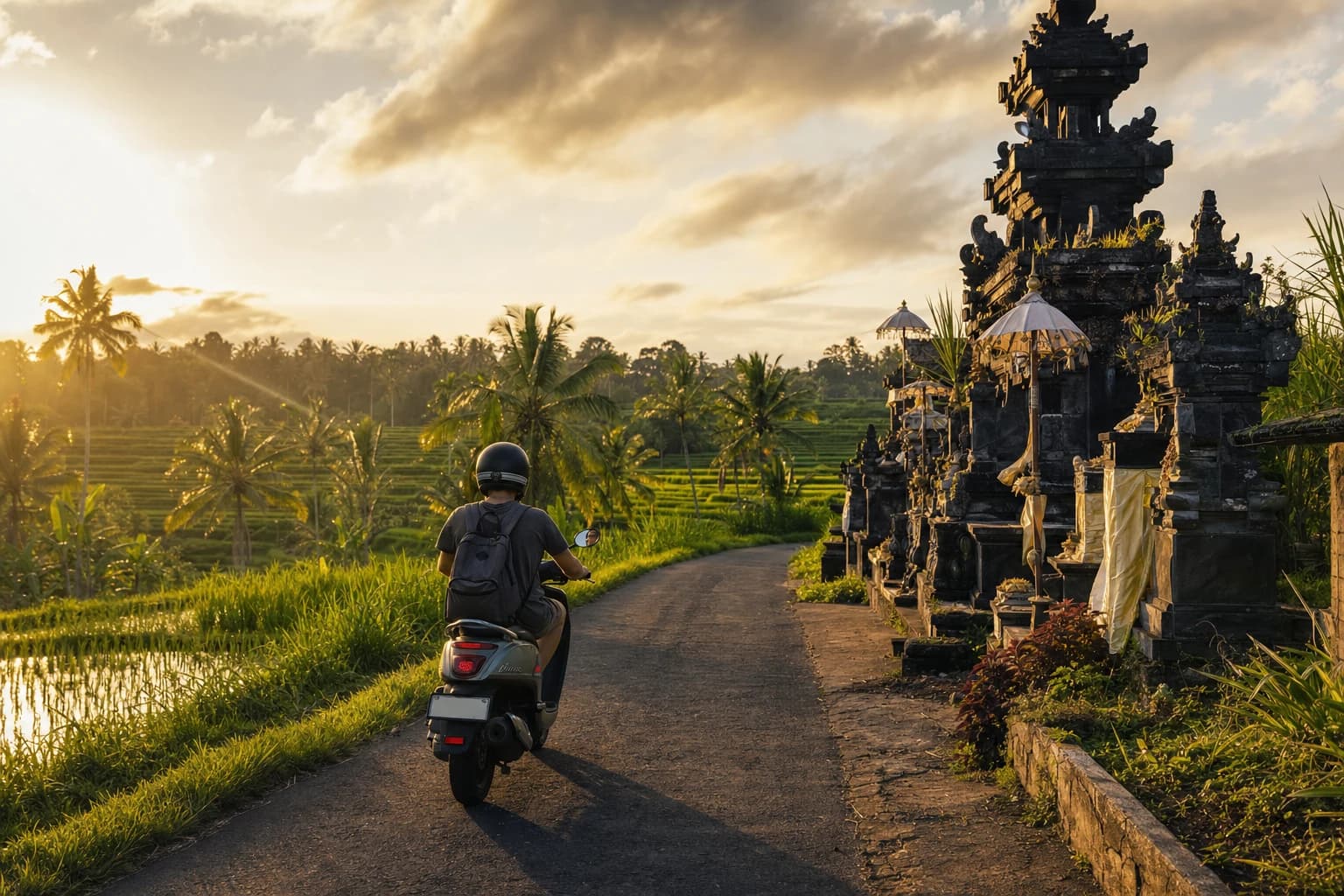 Grey 125 cc scooter on a small country road in Bali between terraced rice fields, helmeted rider seen from behind, dark volcanic stone temple on the right-hand verge, end of the day, warm raking light
