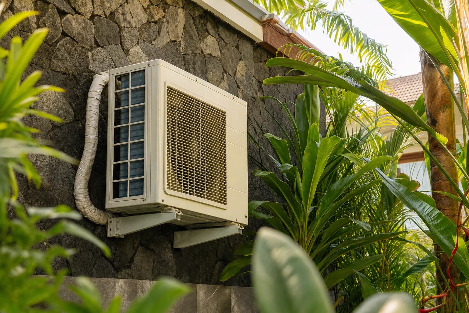 Outdoor air conditioning unit mounted on a grey volcanic stone wall of a villa in Canggu, condenser fins marked by salt air, sheathed pipework, dense tropical planting around it, morning light