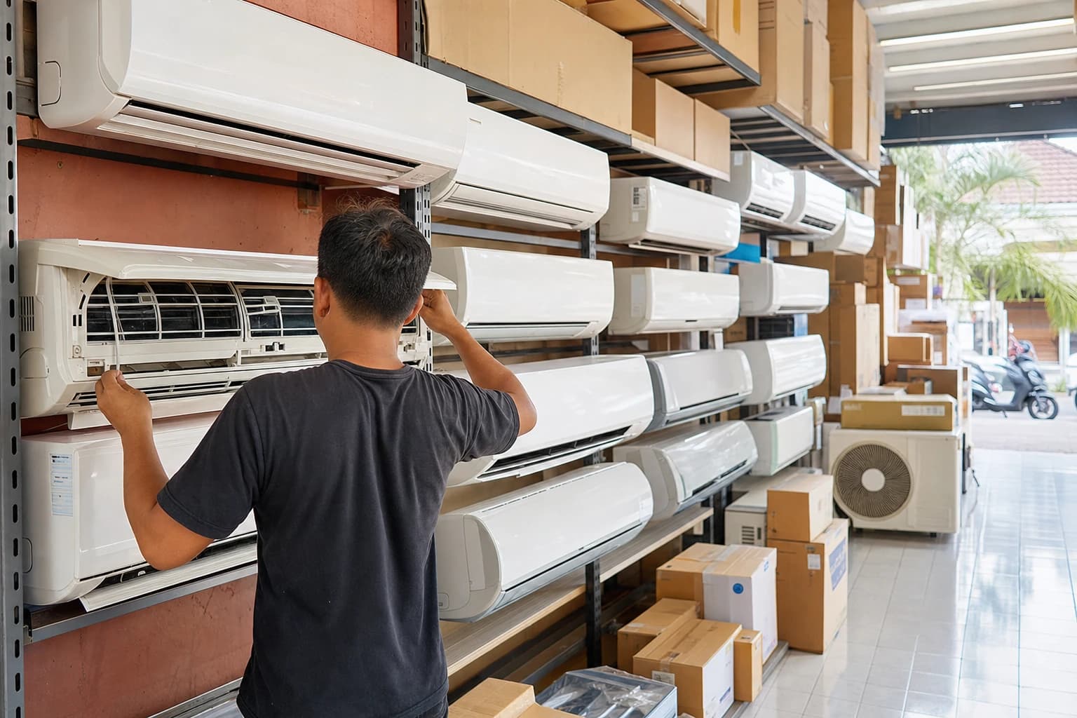 Air conditioning shop floor in Denpasar, white indoor units stacked on metal shelving, boxes from various brands, a technician seen from behind opening a cover to inspect a unit, neon lighting
