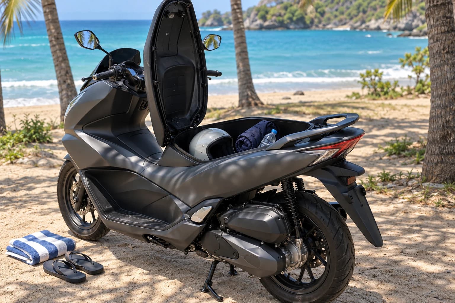The open under-seat storage of a scooter on a sandy beachside car park in Bali, an open-face helmet inside with a rolled-up rain jacket and a water bottle, flip-flops and a towel on the ground, palm shadow across the bodywork, midday light