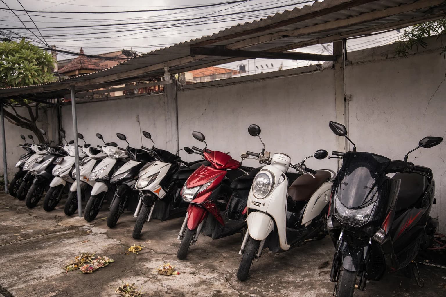 A small used-scooter dealer's yard in Denpasar, a dozen scooters lined up under a corrugated iron canopy, white-painted concrete wall, a bundle of power cables overhead, canang sari offerings on the ground, grey rainy-season sky
