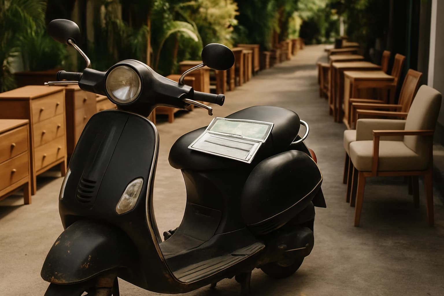 A second-hand scooter displayed for sale with its papers, BPKB and STNK, laid on the seat, and furniture lined up along a driveway for a moving-out sale