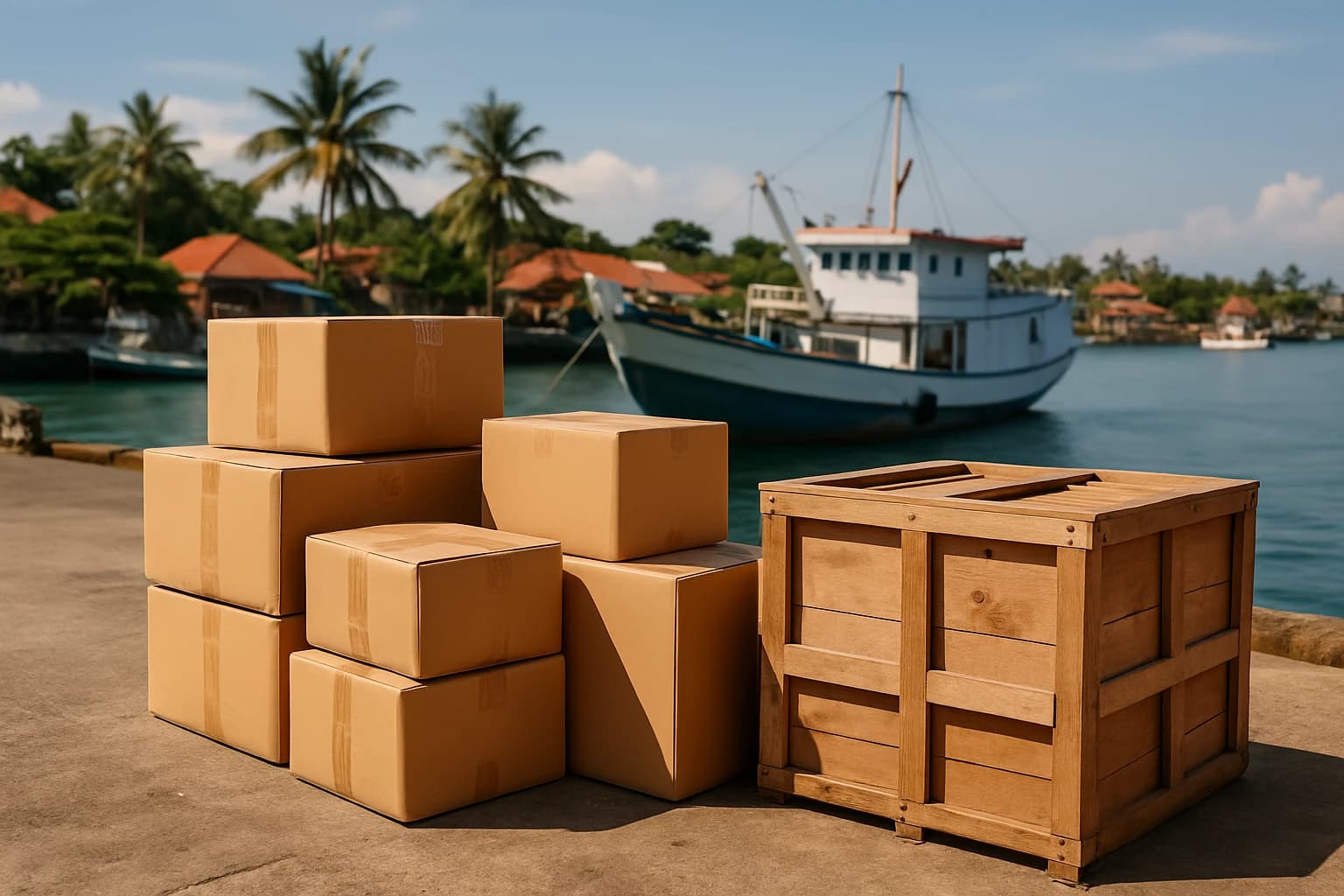 Neatly packed removal boxes and a wooden crate ready for sea freight on a sunlit Indonesian quayside