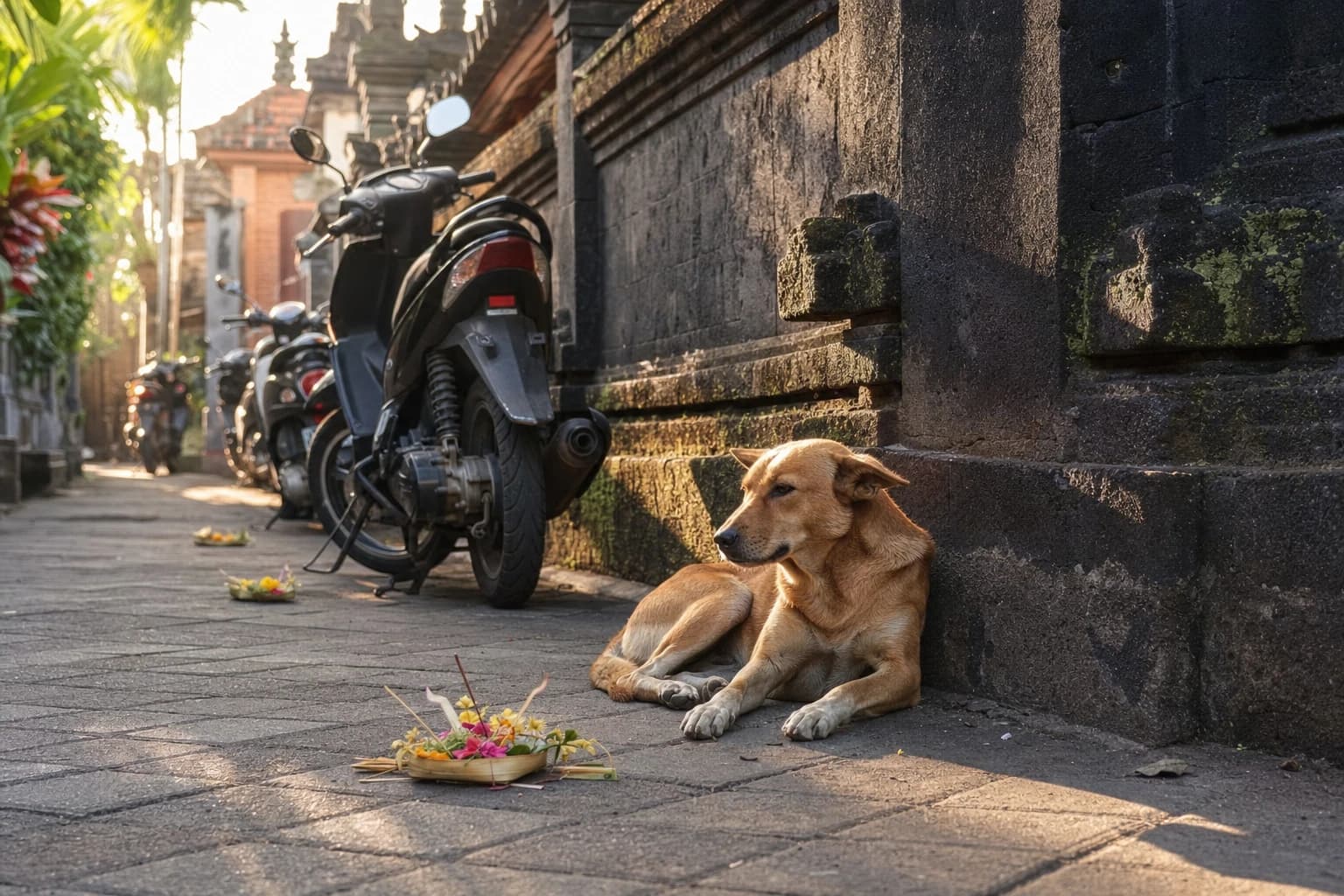 Balinese street dog with a tan coat lying in the shade of a volcanic stone temple wall, narrow Canggu lane, scooters parked along the wall, canang sari offerings on the ground, warm late-afternoon light