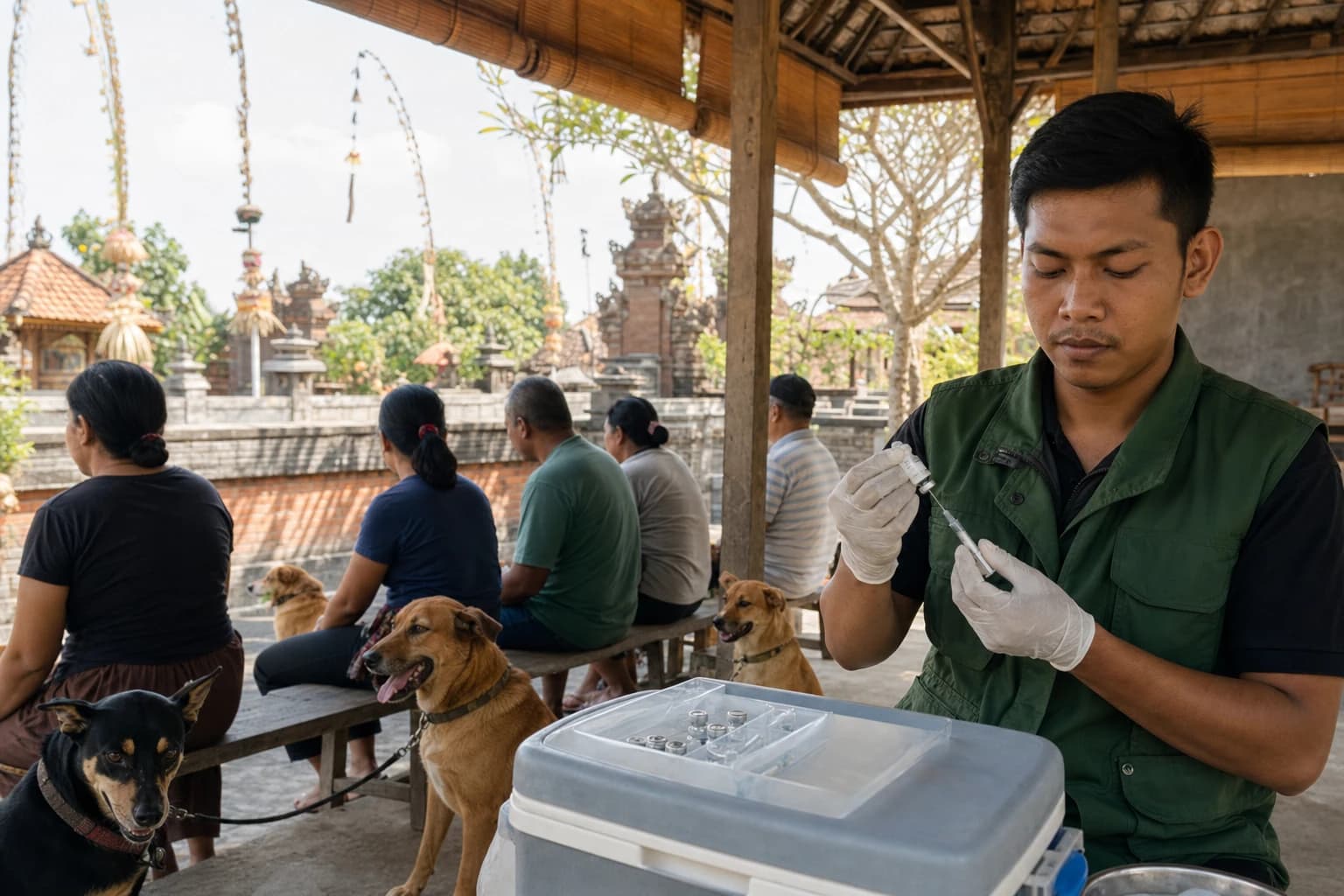 Rabies vaccination drive in the courtyard of a Balinese banjar: a veterinary officer in a hi-vis vest and gloves preparing a syringe in front of a vaccine cool box, several dogs held on leads by owners sitting with their backs to the camera on benches, bamboo pavilion and penjor behind, morning light