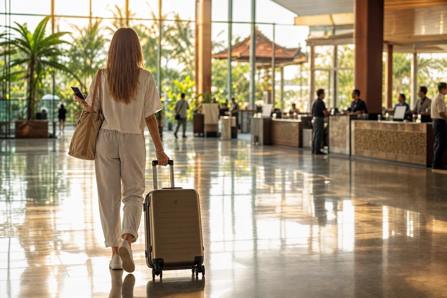 Female traveller seen from behind pulling a cabin suitcase through the arrivals hall of a modern tropical airport, smartphone in her right hand, service desks and direction signs blurred in the background, glossy floor reflecting the golden late-afternoon light coming through tall glass windows