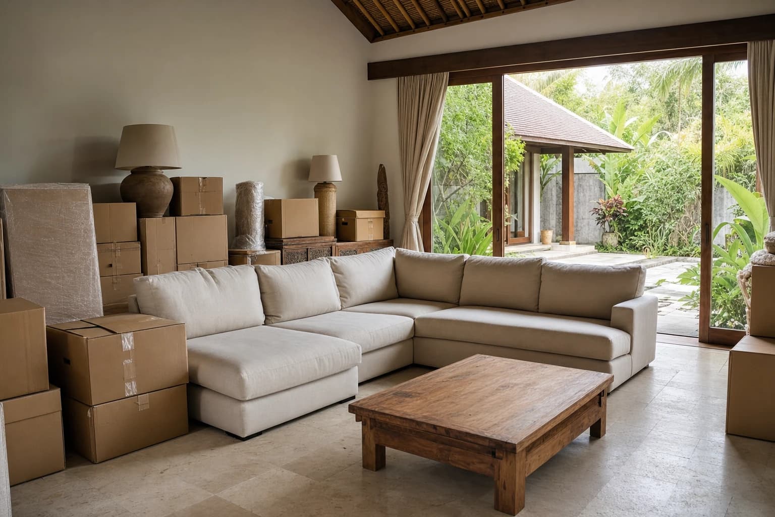 Un salon de villa balinaise en cours de vidage, canapé d'angle en tissu clair poussé au centre de la pièce, table basse en teck, lampes et cartons empilés le long du mur, portes coulissantes ouvertes sur un jardin tropical, lumière naturelle de fin de matinée