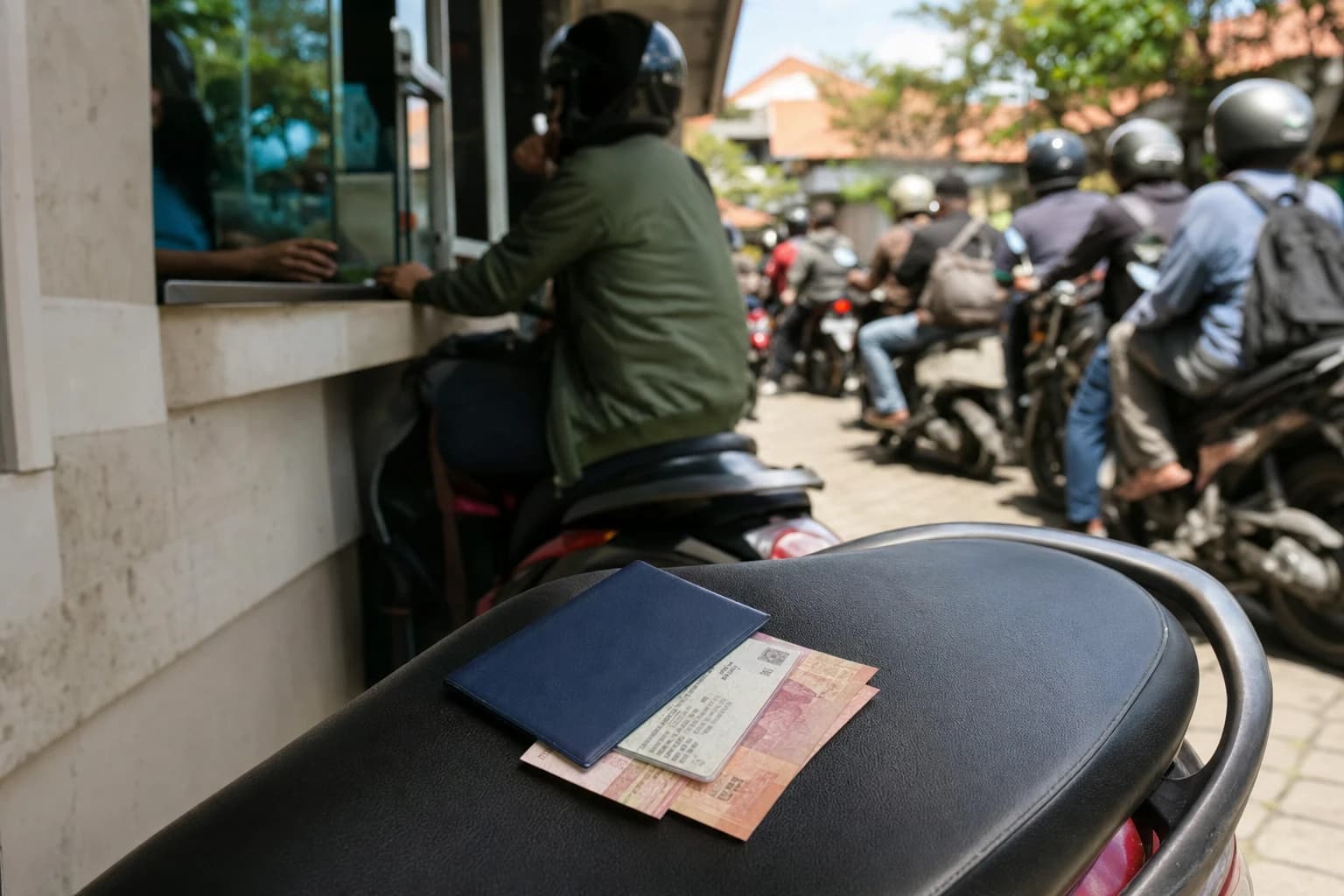 Selle d'un scooter servant de table improvisée devant un guichet Samsat de Denpasar, livret bleu nuit et carte d'immatriculation posés dessus avec quelques billets de roupies, file de motos floue en arrière-plan