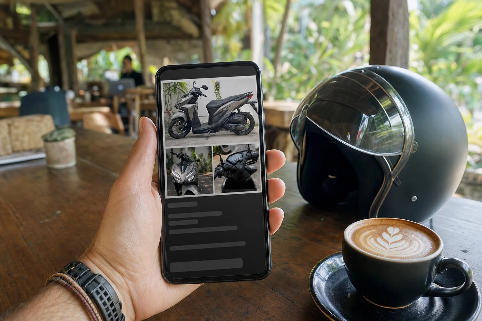 Écran de smartphone tenu en main dans un café-coworking de Canggu, affichant une annonce Lokalfinds de scooter Honda Vario à vendre avec photos et prix en roupies, tasse de café et casque posés sur la table en bois
