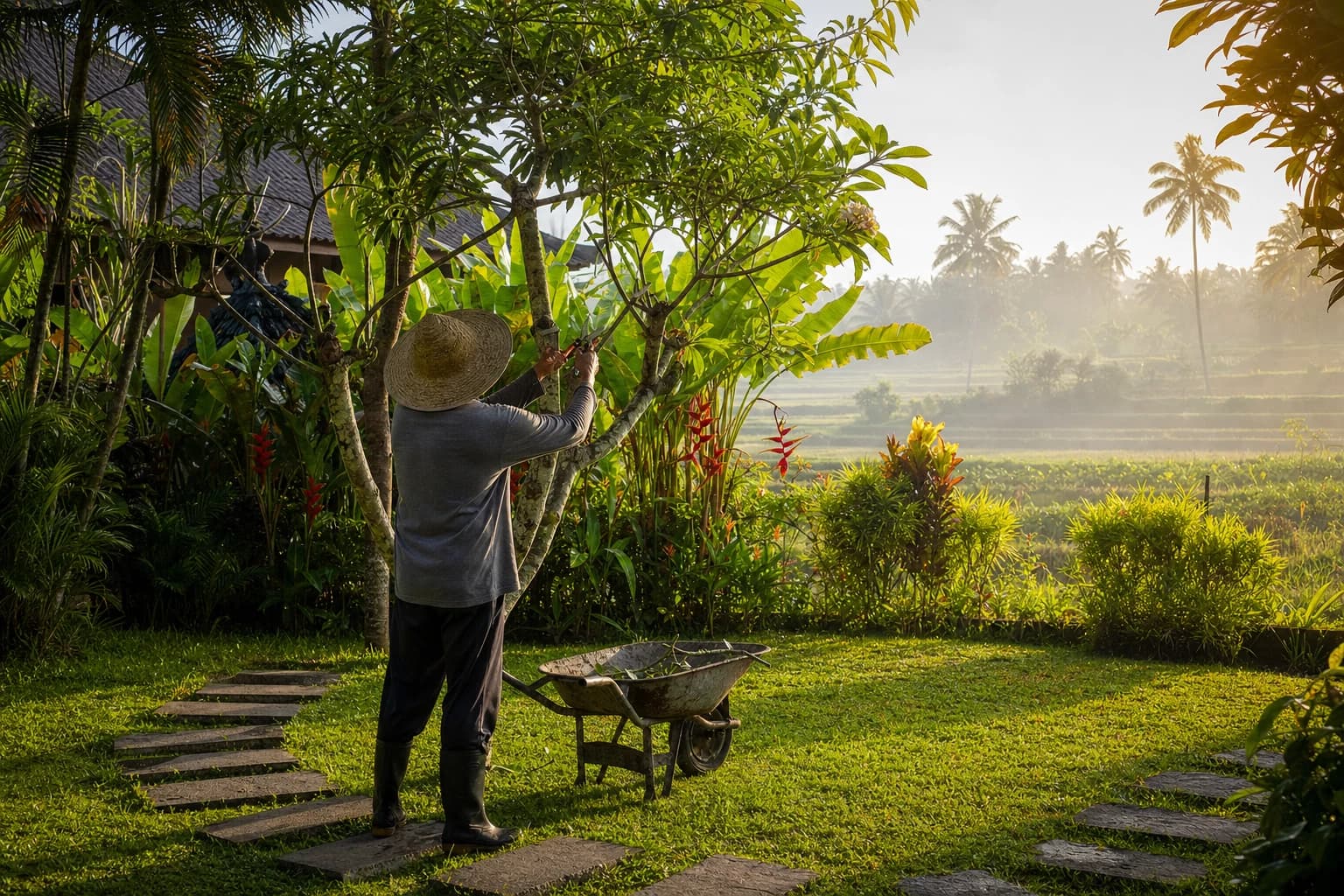 The tropical garden of a villa in Ubud in early morning, a gardener in a straw hat pruning a frangipani with secateurs, a metal wheelbarrow on a stepping-stone path, banana trees and heliconias behind, light mist over the rice fields in the distance, low raking light, figure seen from behind