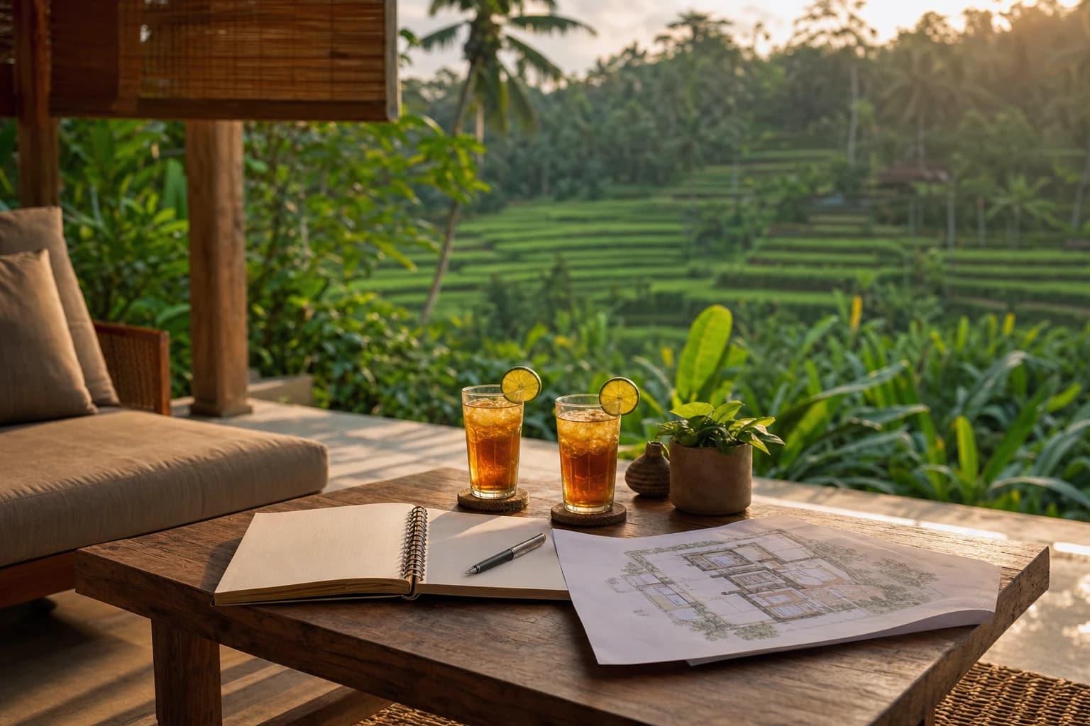 A low teak table on the covered terrace of a Bali villa, an open spiral notebook and a pen, two glasses of iced tea with slices of lime, a house plan laid beside them, blurred green rice fields behind, late afternoon, golden light, no one in the frame