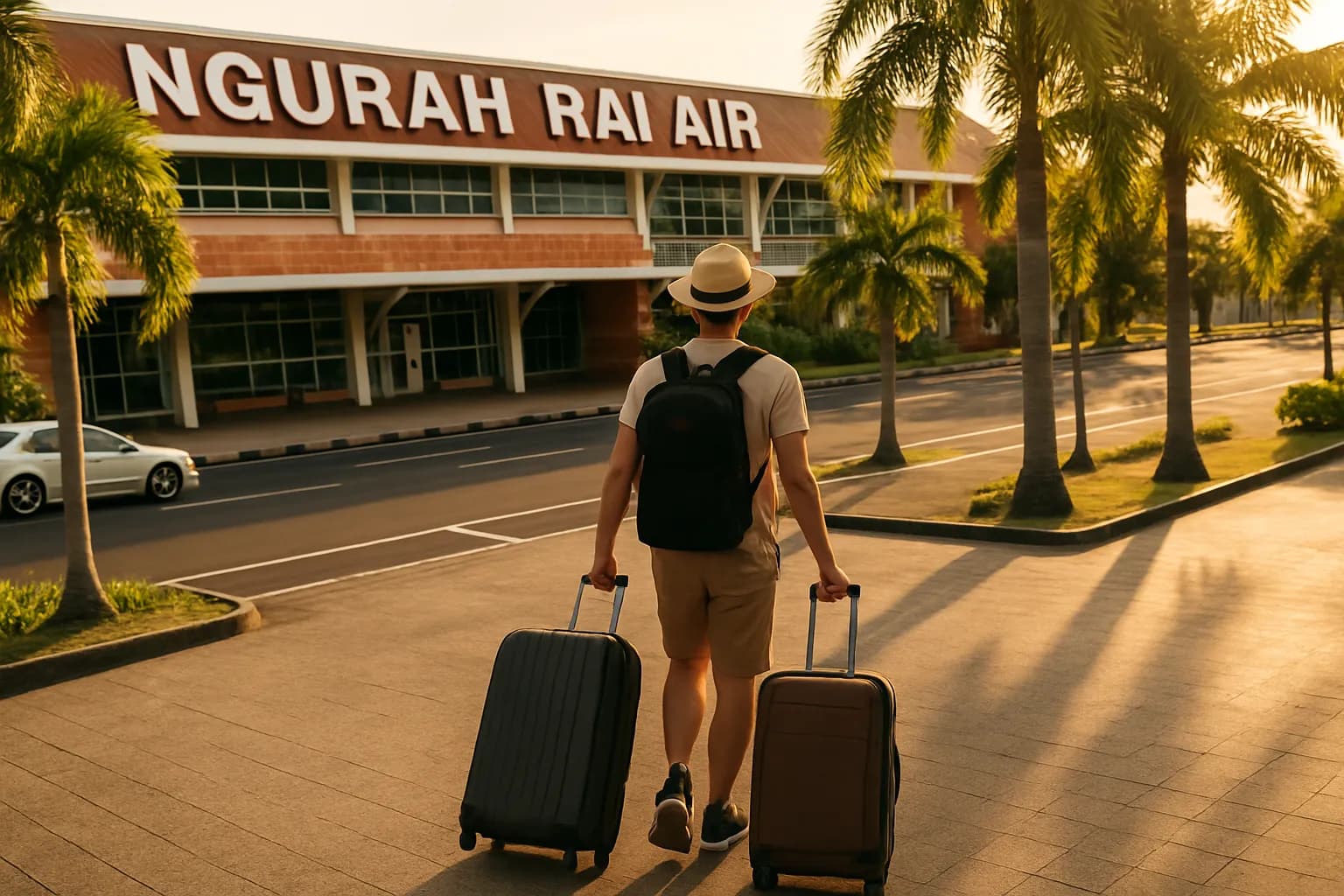 Aerial view of a newly arrived expat landing at Bali's Ngurah Rai airport with luggage, palm trees and warm late-afternoon tropical light