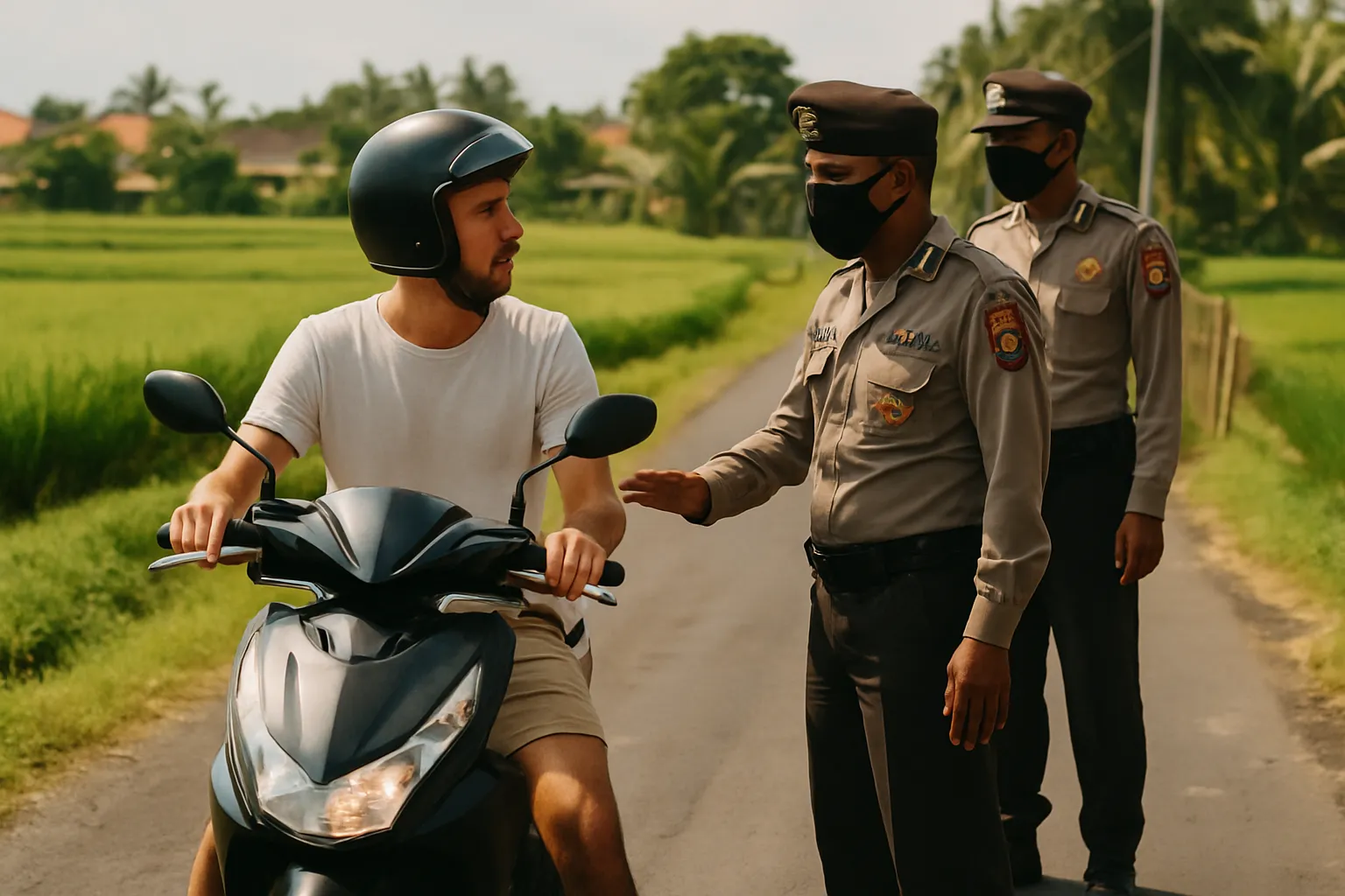Expat wearing a helmet on an automatic scooter, stopped at a police checkpoint on a road lined with rice paddies in Canggu, Bali