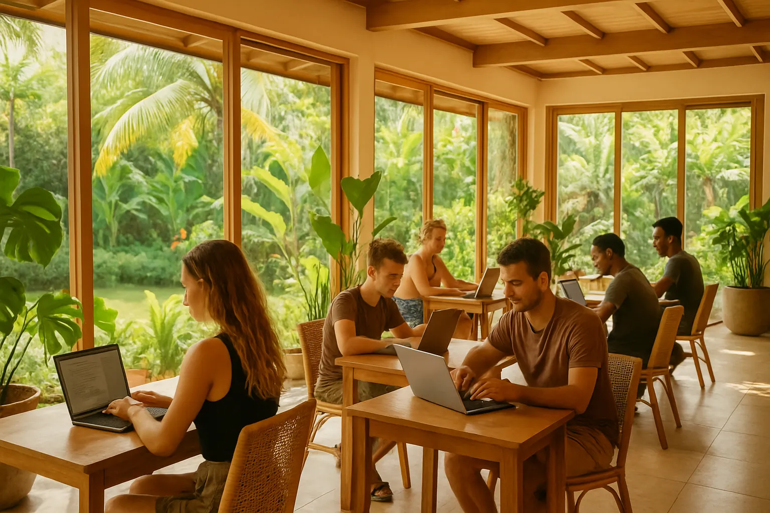 Bright coworking space in Canggu, Bali with digital nomads working on laptops, tropical plants and a garden visible through large glass windows