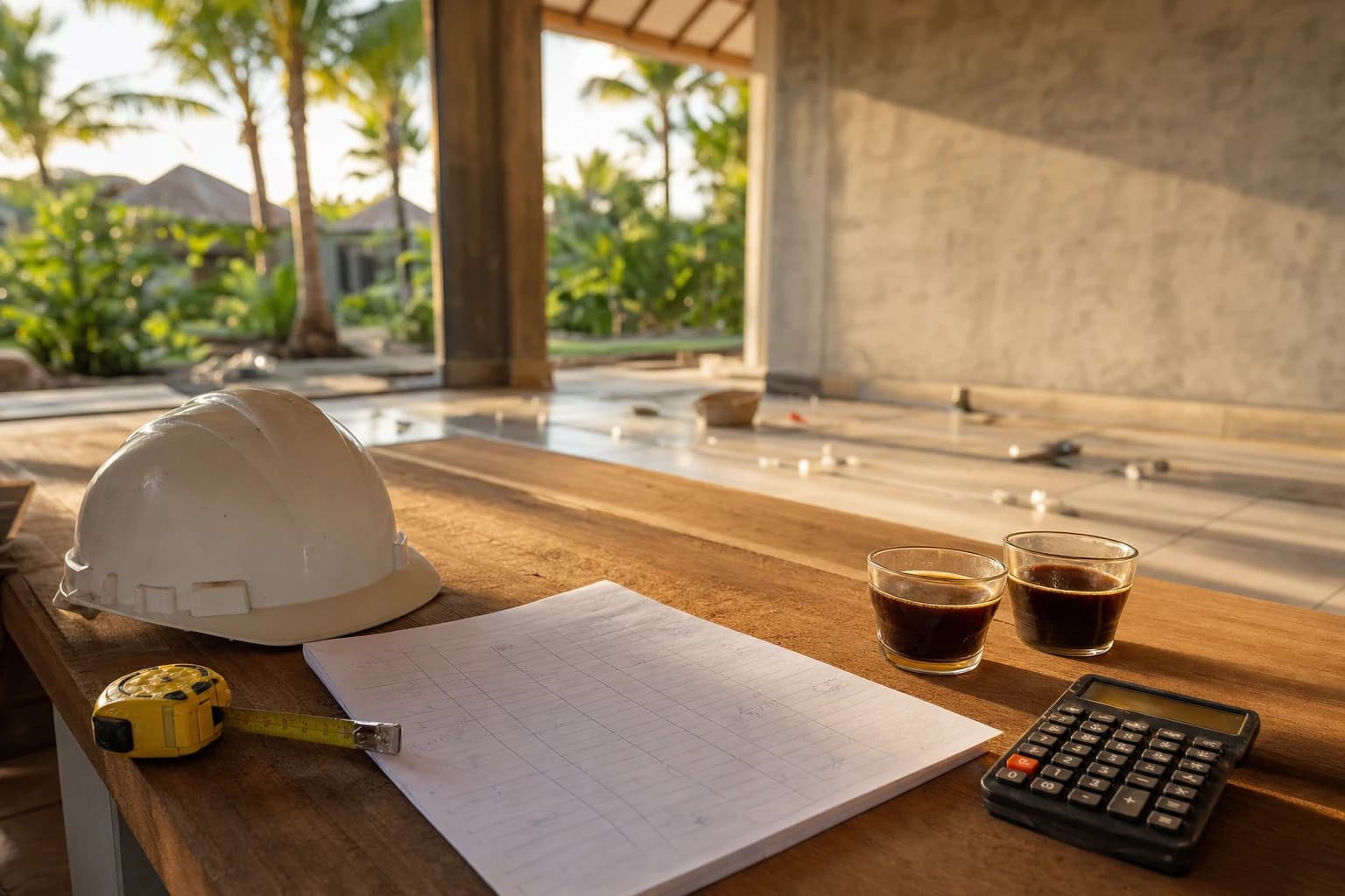 A teak table under the eaves of a Bali villa, a handwritten columned quote lying beside a builder's calculator, a yellow tape measure, a hard hat and two glasses of Balinese coffee, tiling work in progress blurred in the background, warm late-afternoon light, no people in frame