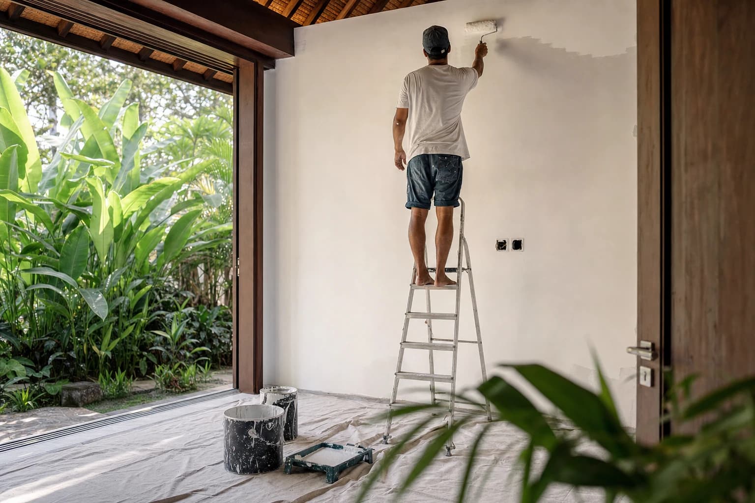 Inside a Balinese villa under renovation, a painter on an aluminium stepladder rolling white paint onto a wall, dust sheet on the floor, open paint tins, a large sliding door open onto a tropical garden with banana trees, abundant natural light, seen from behind, partial silhouette not identifiable