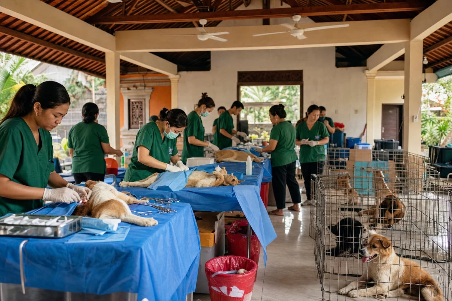 Mobile sterilisation clinic set up in a Balinese village hall, tables covered with blue sterile drapes, local dogs in holding crates, volunteers in green scrubs, ceiling fans overhead