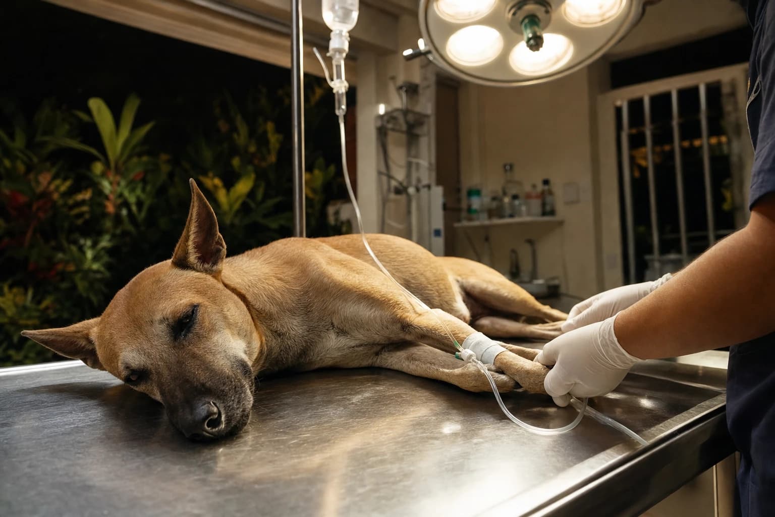 Short-haired Bali dog lying on a stainless steel examination table, a drip in its front leg, surgical lighting in a vet clinic at night, gloved hands checking the drip line