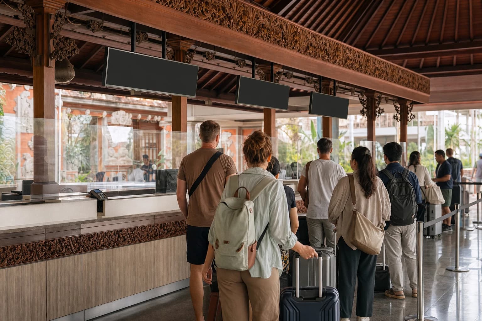 Bank counter in the arrivals hall of Bali's international airport: card payment terminal on the counter, travellers seen from behind with wheeled suitcases in the queue, carved Balinese-style wooden roof structure, blank signs, diffuse natural light, no identifiable faces