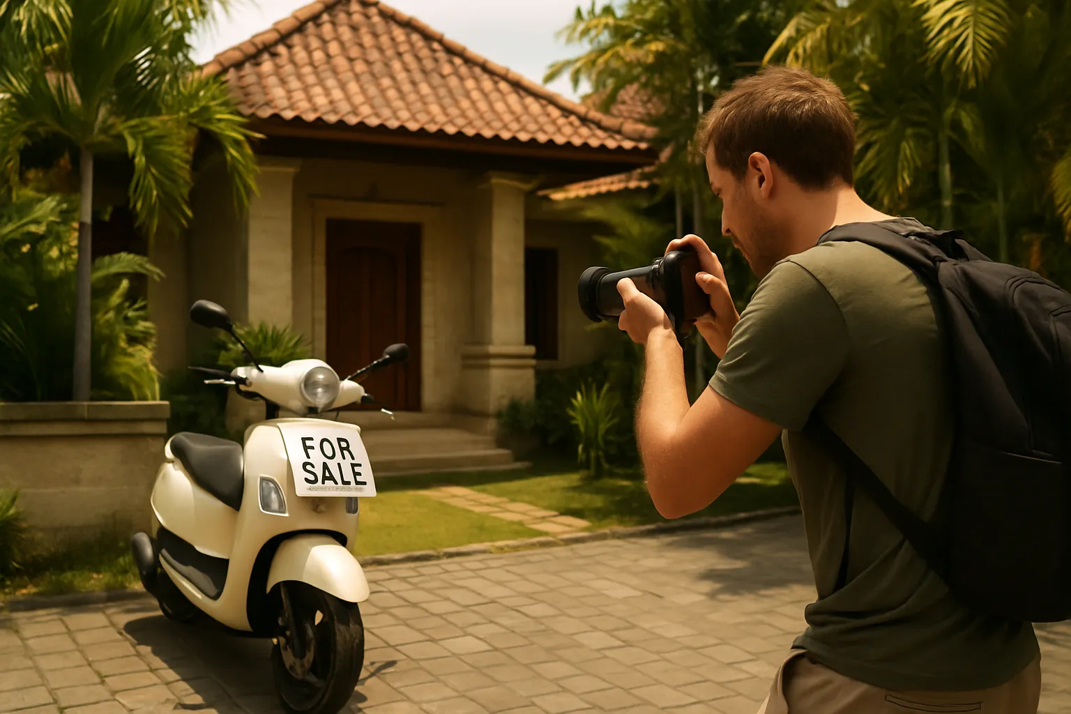 Expat snapping a photo of a used scooter for sale outside a villa in Canggu, Bali